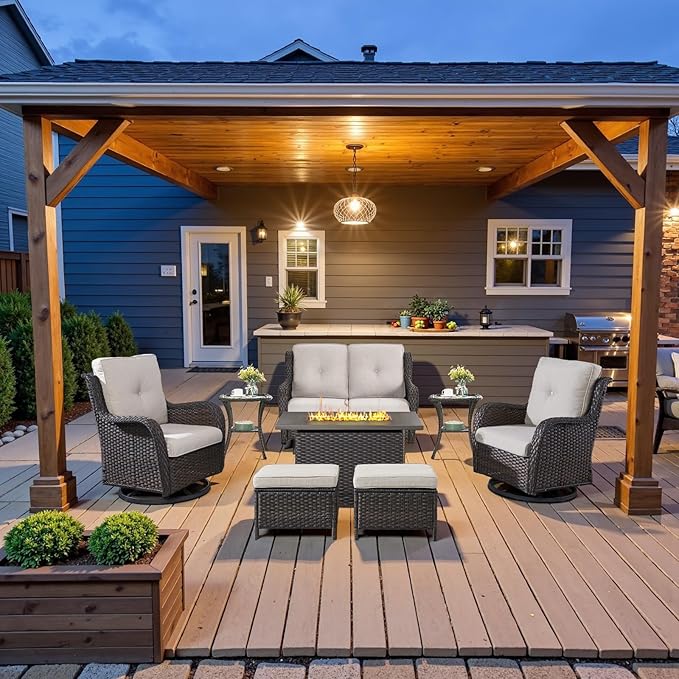 8-Piece Outdoor Patio Furniture Set - 41" CSA Propane Fire Pit Table Patio Conversation Set with Swivel Rocker Outdoor Chairs, Wicker loveseat and Ottoman for Outside Casual Gathering