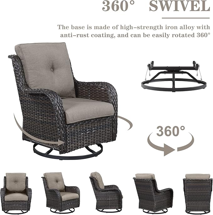 5-Piece Outdoor Patio Furniture Set - Wicker Furniture Patio Conversation Set, Outdoor Swivel Rocker Chairs with Loveseat Sofa and 2 Ottomans for Small Space, Gray Cushion