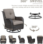5-Piece Outdoor Patio Furniture Set - Wicker Furniture Patio Conversation Set, Outdoor Swivel Rocker Chairs with Loveseat Sofa and 2 Ottomans for Small Space, Gray Cushion