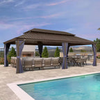 14 Ft.X 24 Ft.Bronze Aluminum Power-Coated Frame Galvanized Steel Double Roof Hardtop Gazebo,Hooks, Netting,Blue Curtain