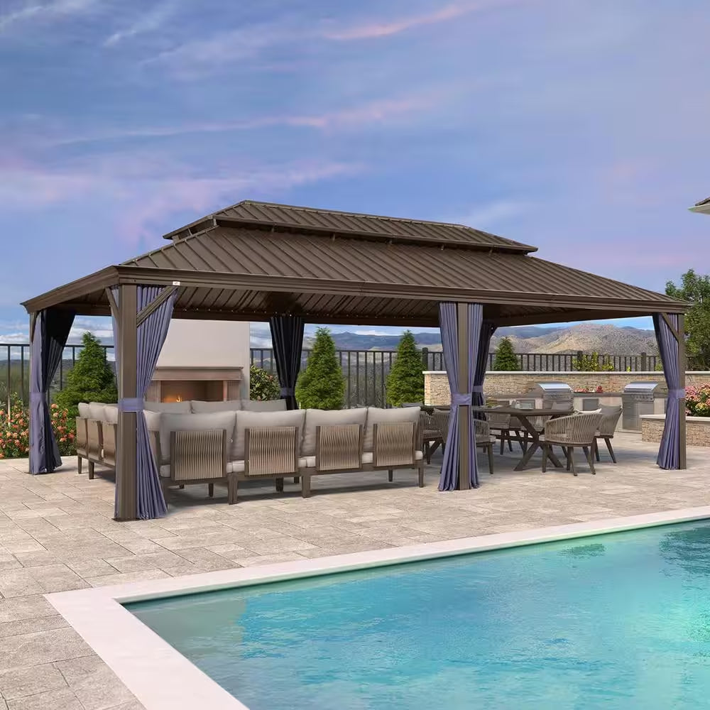 14 Ft.X 24 Ft.Bronze Aluminum Power-Coated Frame Galvanized Steel Double Roof Hardtop Gazebo,Hooks, Netting,Blue Curtain