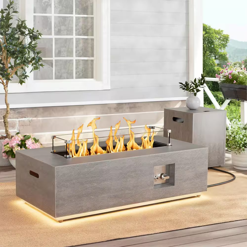 42 In. 50,000 BTU Rectangle Outdoor Propane Gas Fire Pit Table in Gray with Golden LED Light
