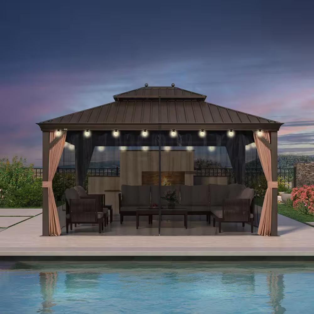 13 Ft. X 17 Ft. Bronze Patio Outdoor Gazebo for Backyard Hardtop Aluminum Frame, Hooks,Netting,Khaki Curtain, 36-Lights