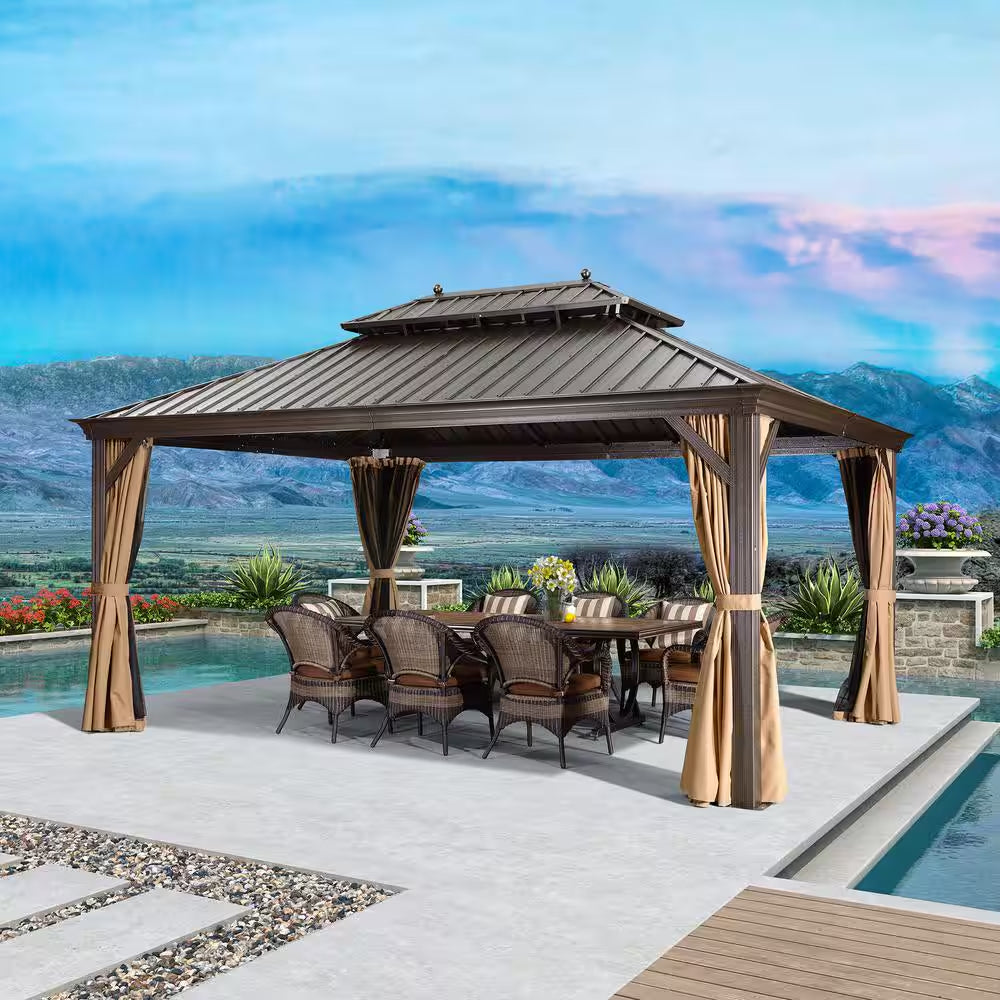 12 Ft.X 16 Ft.Bronze Aluminum Power-Coated Frame Galvanized Steel Double Roof Hardtop Gazebo,Hooks,Netting,Khaki Curtain