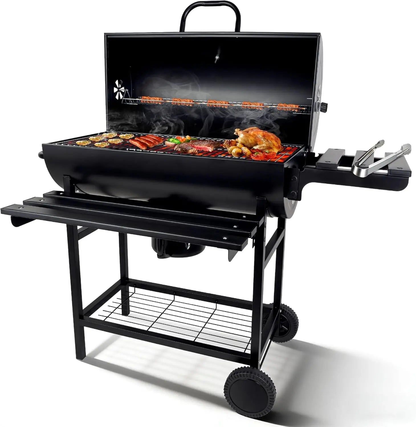 Charcoal BBQ Grills Outdoor: Spacious Barrel Barbecue Grill with Side Front Table Premium BBQ Smoker Combo for Backyard Cooking