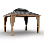 10 Ft. X 12 Ft. Double Roof Hardtop Wood Grain Aluminum Patio Gazebo with Netting and Khaki Curtains