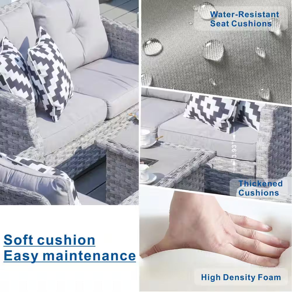 Grice 5-Piece Wicker Patio Conversation Set with Gas Fire Pit Table and Gray Cushions