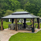 14 Ft.X 20 Ft.Bronze Aluminum Power-Coated Frame Galvanized Steel Double Roof Hardtop Gazebo,Hooks,Netting,Khaki Curtain