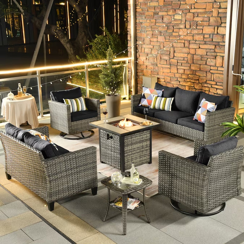 6 -Piece Wicker Patio Sofa Conversation Set with Orange Cushions