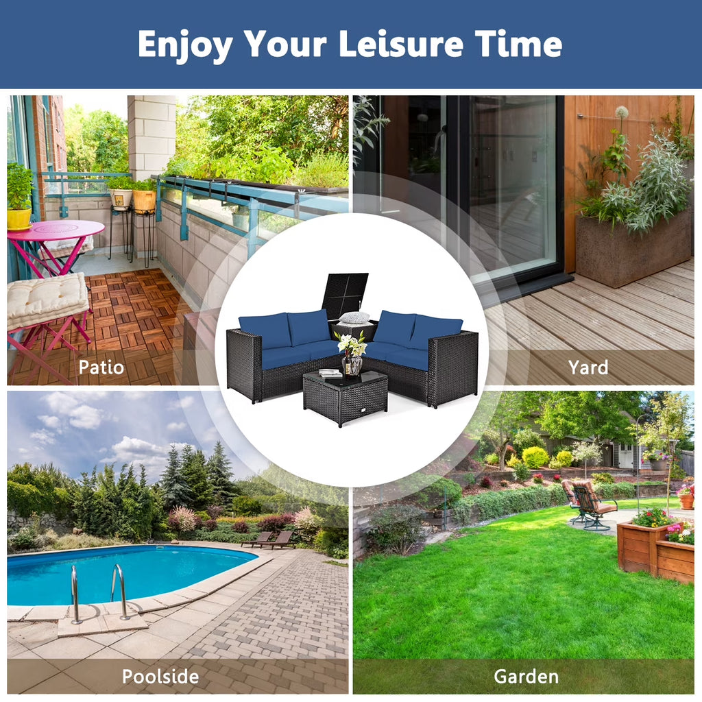 5-Piece Outdoor Patio Furniture Set with 50,000 BTU Propane Fire Pit Table Patio PE Wicker Conversation Set with Cushions Storage Box and Tempered Glass Coffee Table Navy