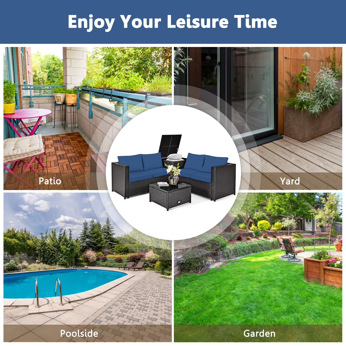 5-Piece Outdoor Patio Furniture Set with 50,000 BTU Propane Fire Pit Table Patio PE Wicker Conversation Set with Cushions Storage Box and Tempered Glass Coffee Table Navy