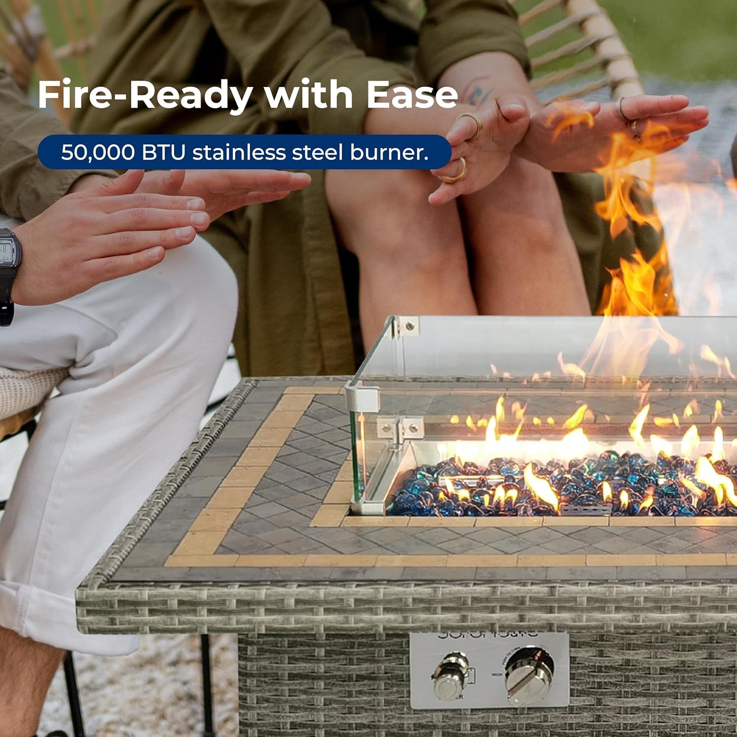 Outdoor Propane Fire Pit Table, 50,000 BTU Wicker Gas Firepit with Tile Tabletop, with Glass Wind Guard and Decorative Glass Stones, CSA Certified, Weatherproof Cover, 43"X27"X25"