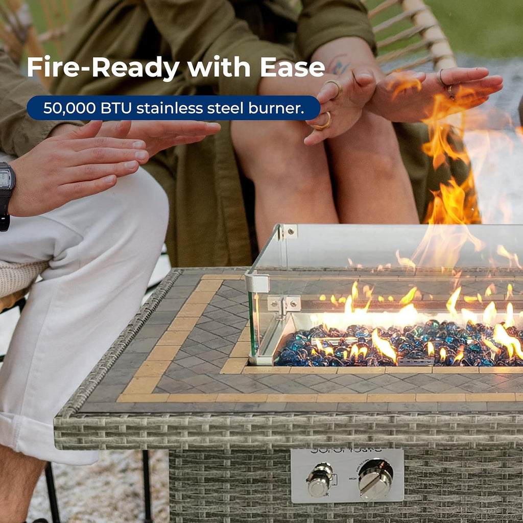 Sturdy Wicker Base Propane Fire Pit Table with Tile Top, Patio Heater & Propane Heater, Sliding Door, Stainless Steel Burner, Tempered Glass Wind Guard, 50000 BTU, Weather Resistant
