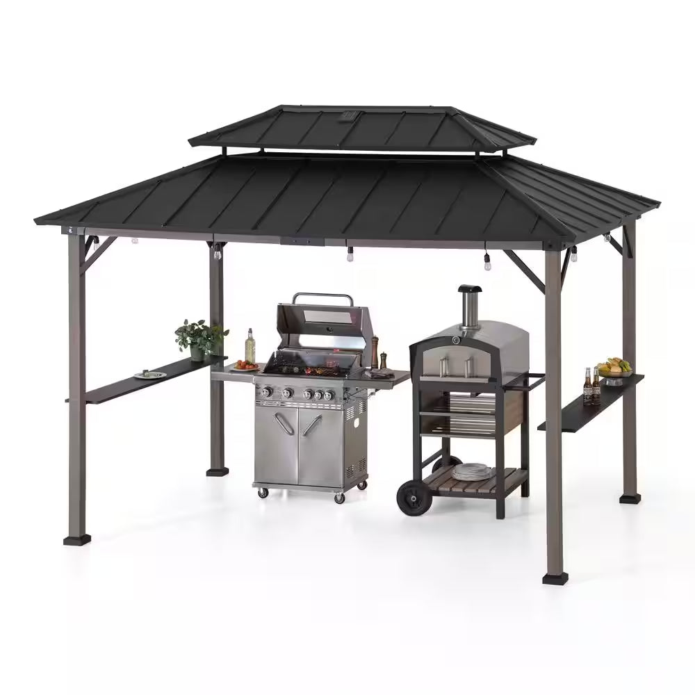 8 Ft. X 12 Ft. Matte Black Churchill Cedar Framed Grill Gazebo with DC Solar Power for Backyard