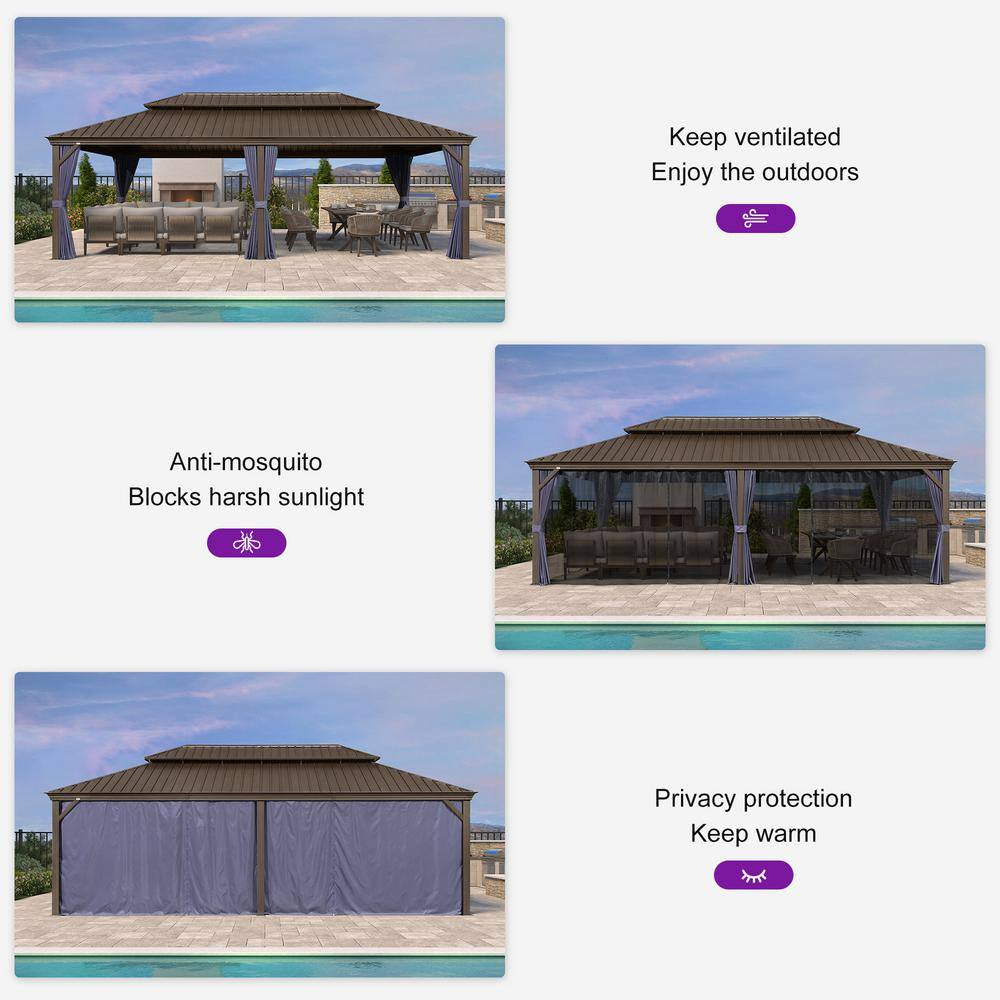 14 Ft.X 24 Ft.Bronze Aluminum Power-Coated Frame Galvanized Steel Double Roof Hardtop Gazebo,Hooks, Netting,Blue Curtain