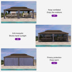 14 Ft.X 24 Ft.Bronze Aluminum Power-Coated Frame Galvanized Steel Double Roof Hardtop Gazebo,Hooks, Netting,Blue Curtain