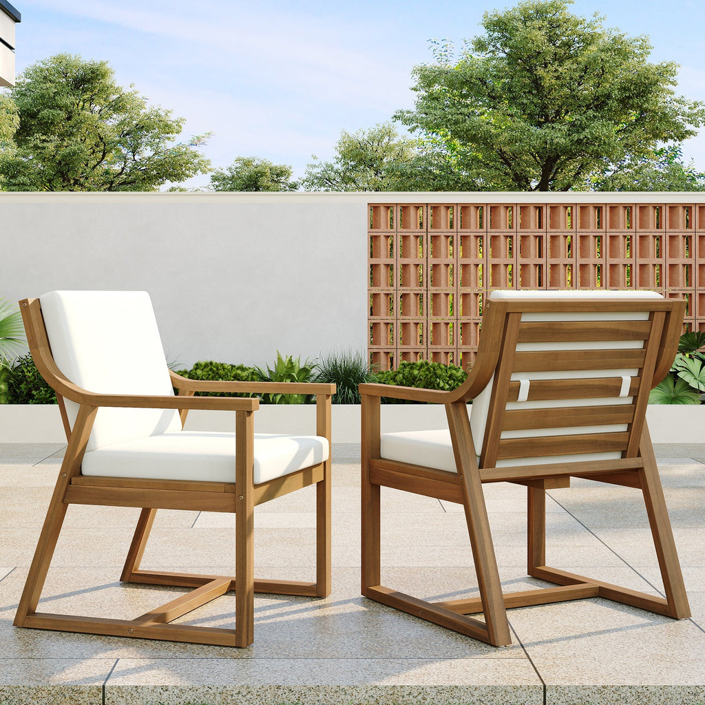 Patio Dining Chair Set of 2, Wood Outdoor Armchairs with Removable Cushions