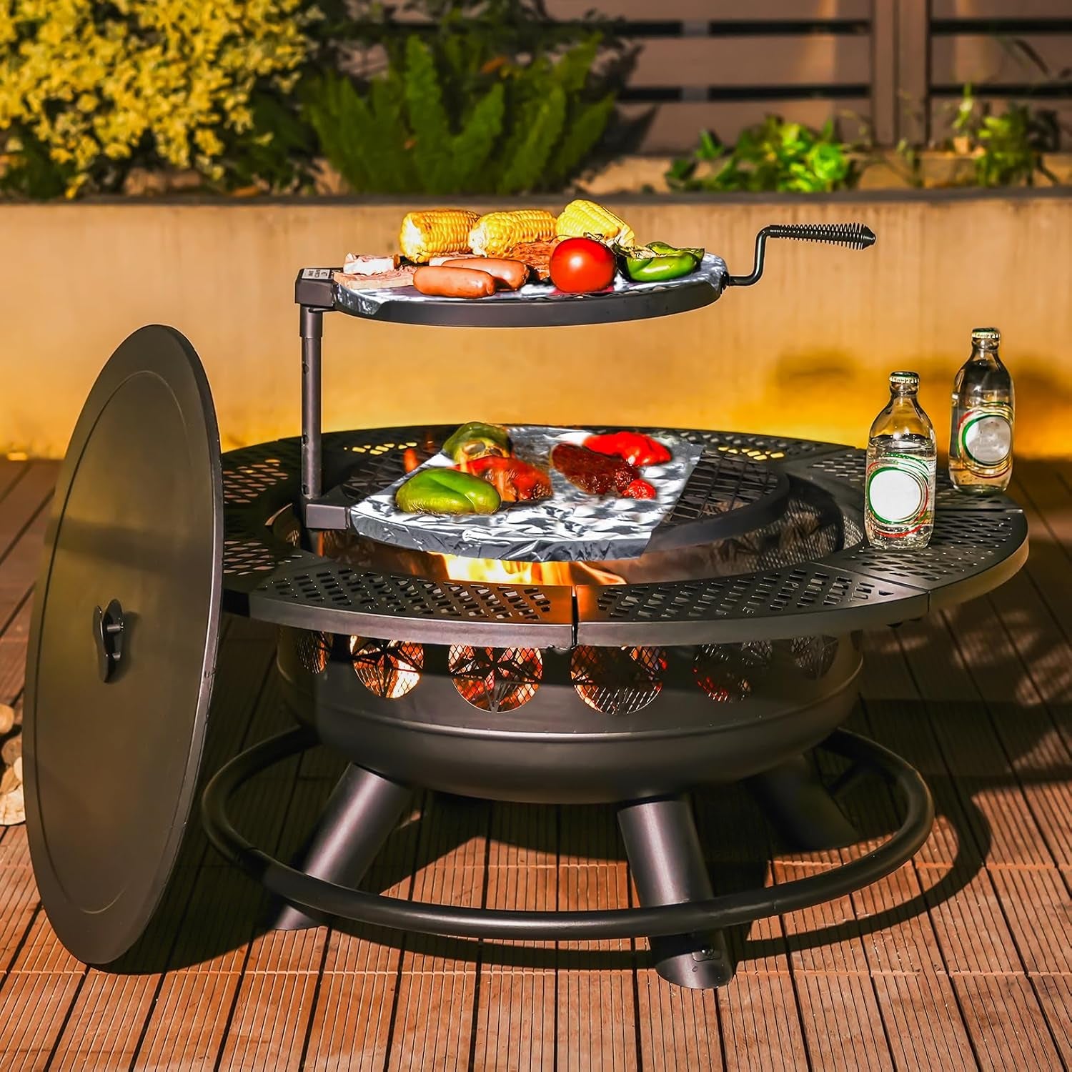 36 Inch Fire Pit with 2 Cooking Grills,Outdoor Wood Burning BBQ Firepit with Lid, 3-In-1 Outdoor Fire Pit for Backyard Deck Bonfire Patio Picnic(Black)