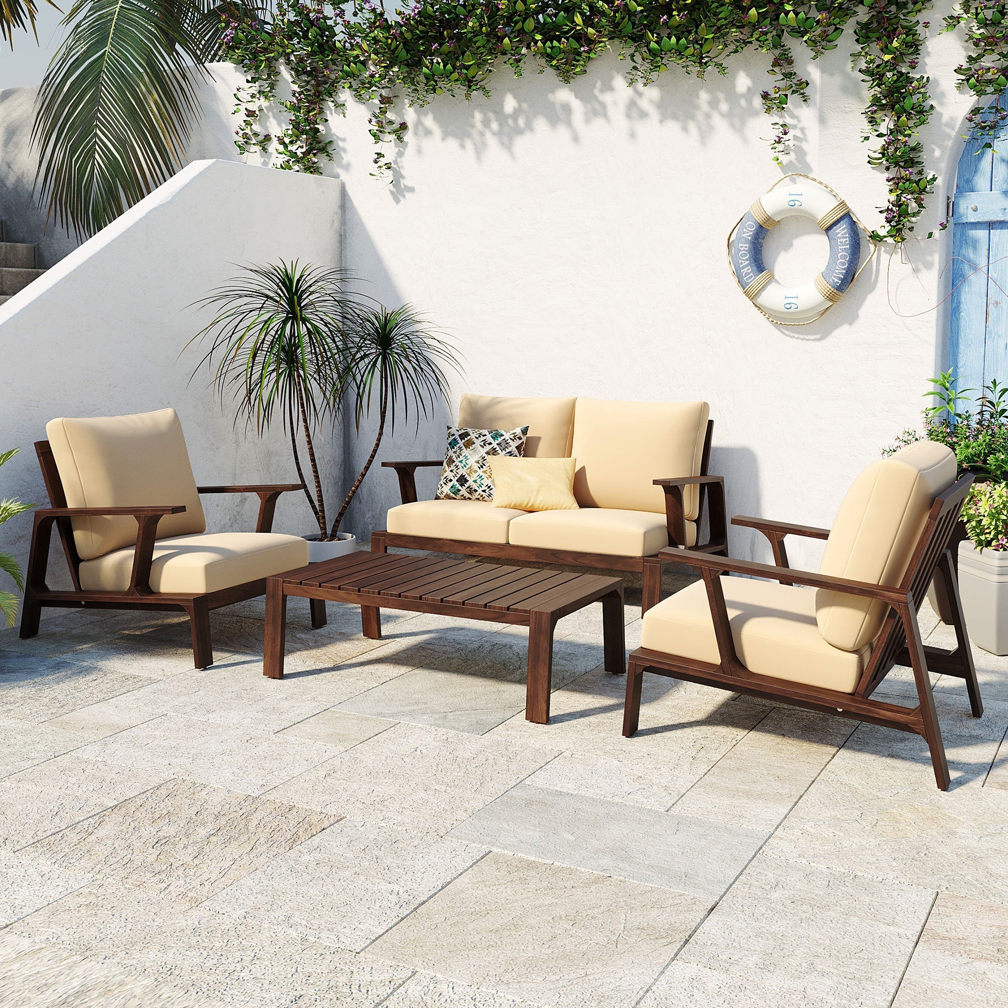 4- Piece Outdoor Sofa Set with Cushions and Coffee Table