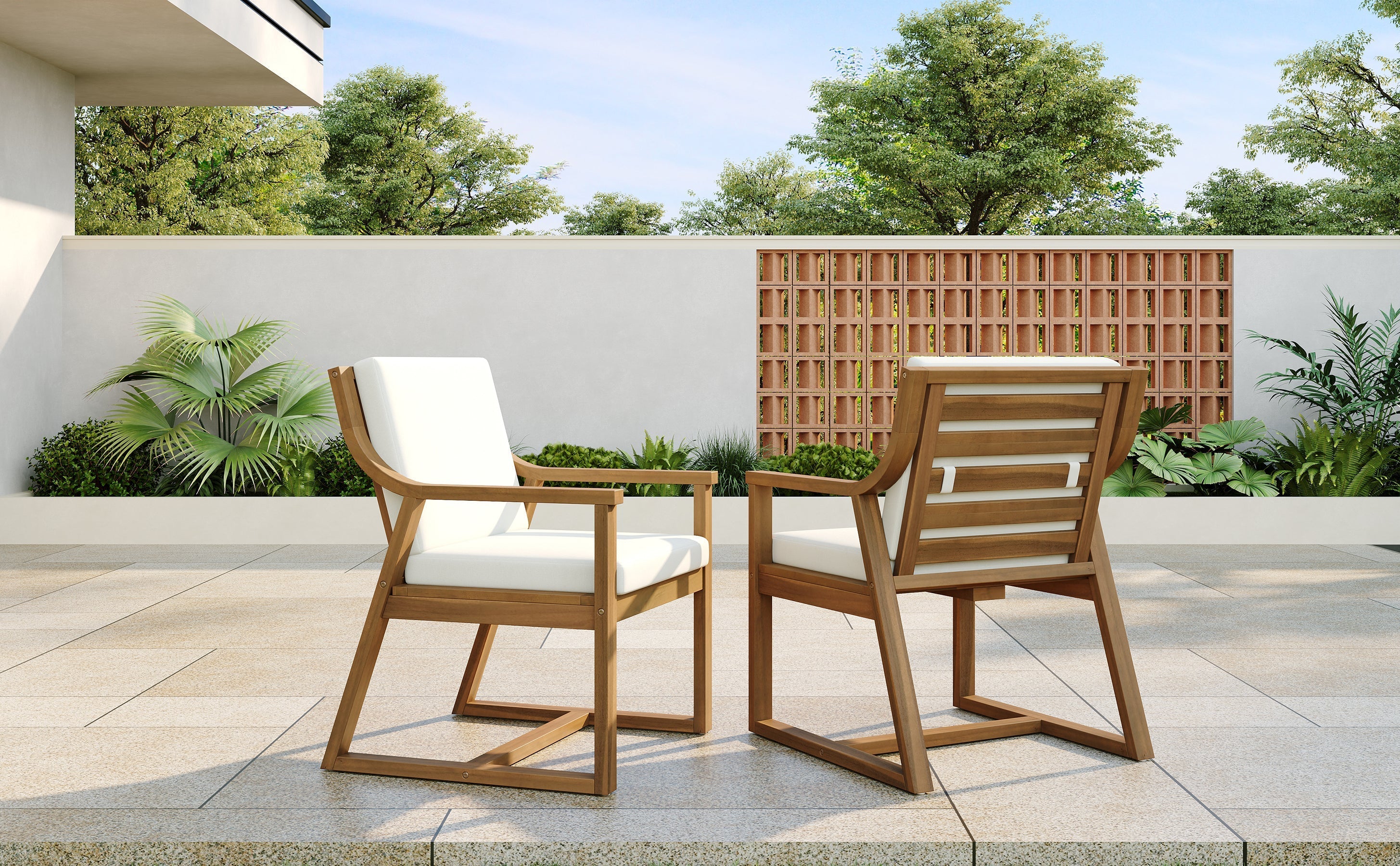 Patio Dining Chair Set of 2, Wood Outdoor Armchairs with Removable Cushions