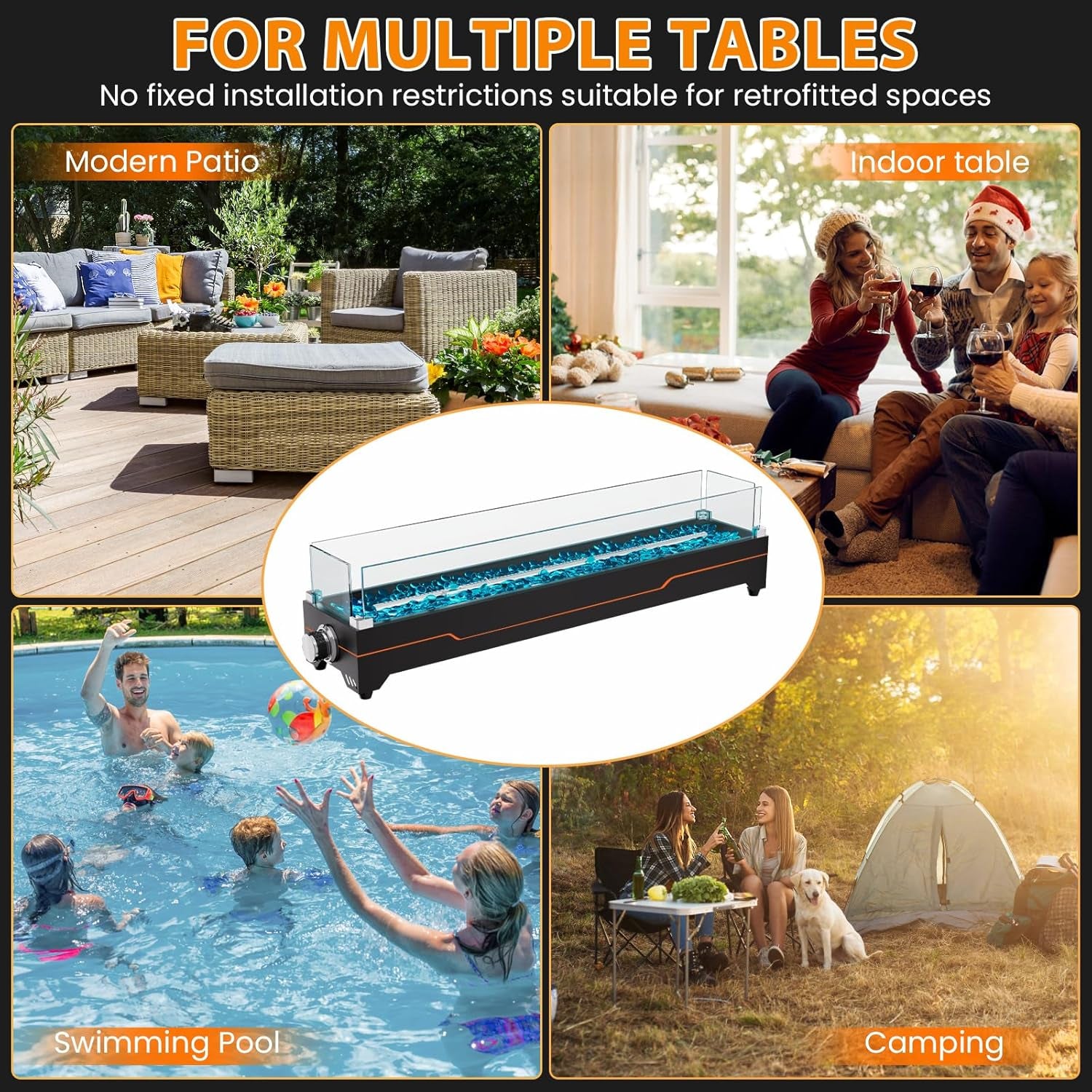 28" Table Top Propane Fire Pit, 45,000 BTU Tabletop Gas Fire Pit, Tabletop Firepit for Patio, Outdoor Portable Fireplace, Rectangular Fire Bowl with Glass Wind Guard, Glass Beads & Cover