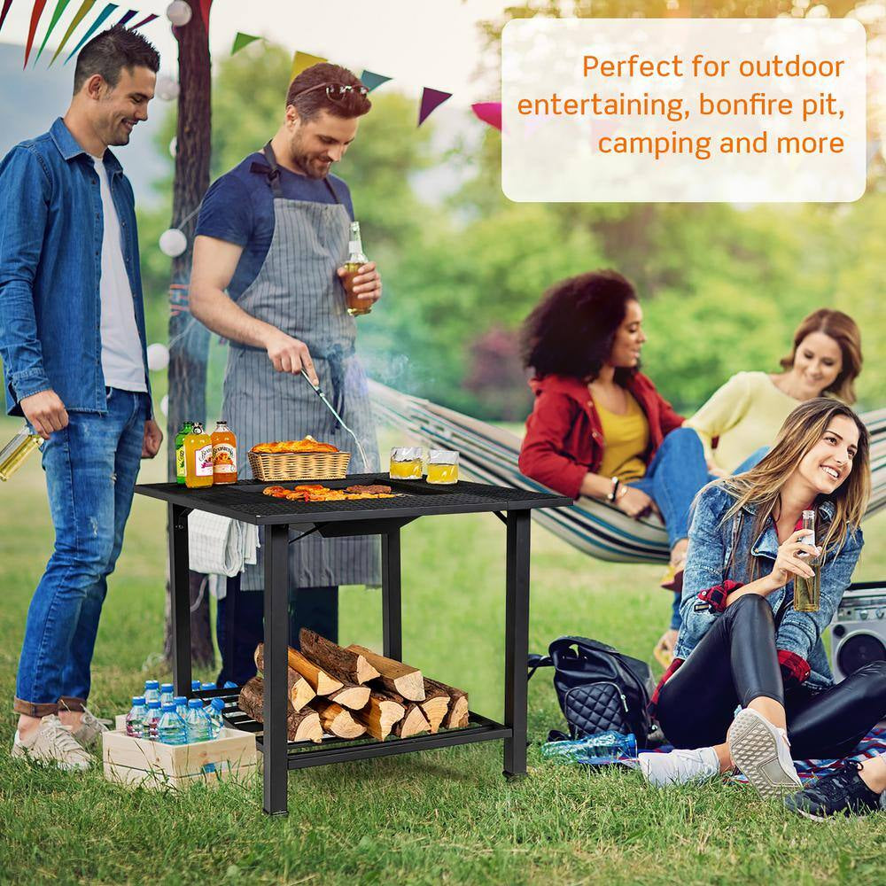 31 In. Outdoor Steel Fire Pit Dining Table Charcoal Wood Burning W/Cooking BBQ Grate