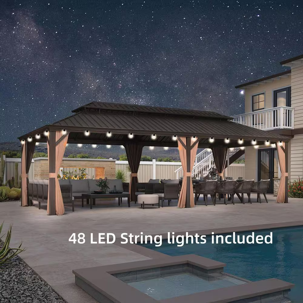 14 Ft. X 28 Ft. Bronze Patio Outdoor Gazebo for Backyard Hardtop Aluminum Frame, Hooks,Netting, Khaki Curtain, 48-Lights