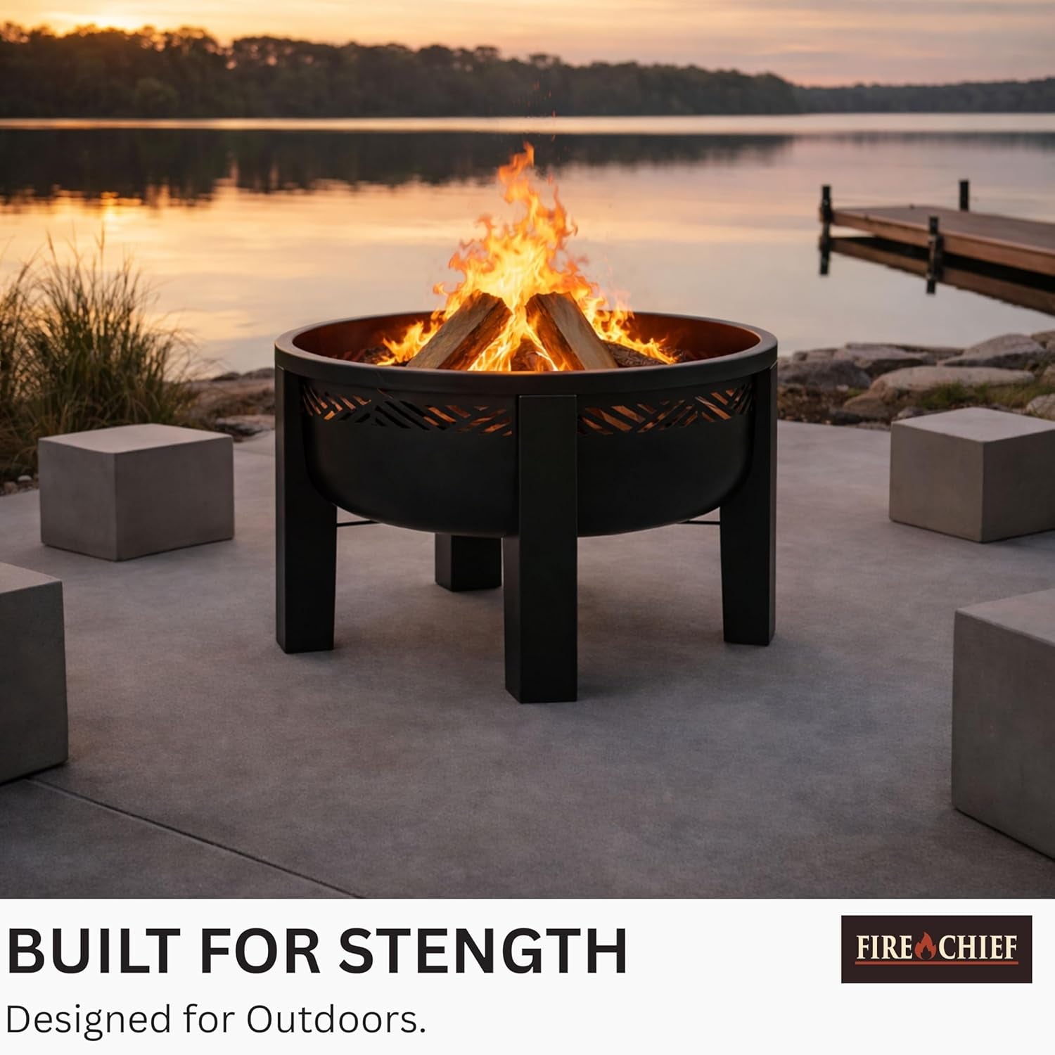 Fire Chief Wood Burning Fire Pit with Tabletop Lid – Modern Outdoor Metal Fire Pit for Patio & Backyard – Premium Heavy Duty Fire Pit Bowl with Multi-Use Side Table (Decorative Bowl)
