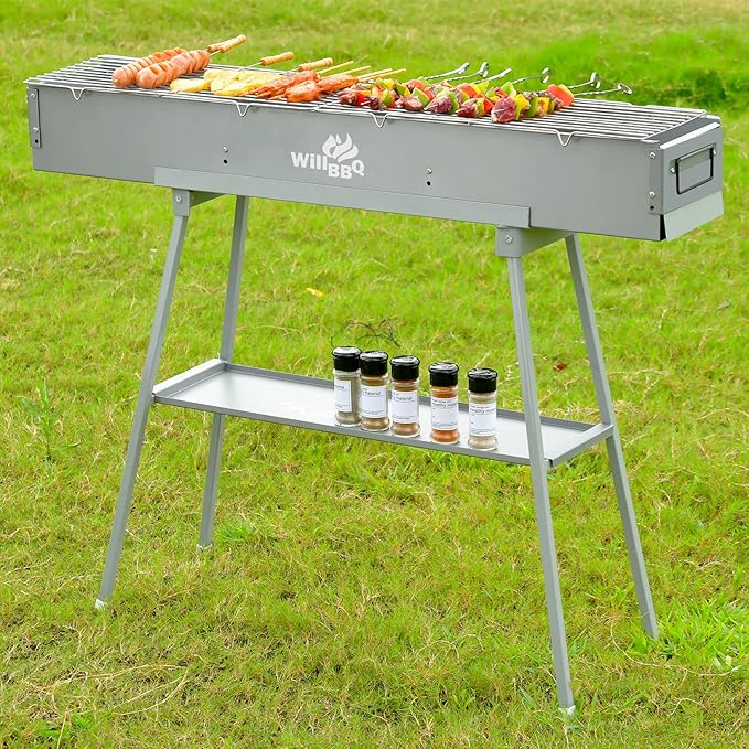 Charcoal Grills Commercial Quality Portable Multiple Size Hibachi BBQ Lamb Skewer Folded Camping Barbecue Grill for Garden Backyard Party Picnic Travel Outdoor Cooking Use (39.4x7.1x5.1 inch)