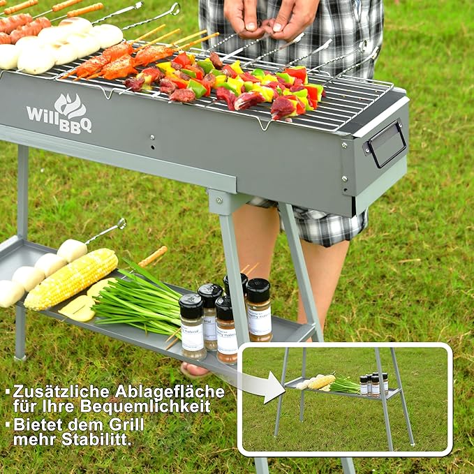 Charcoal Grills Commercial Quality Portable Multiple Size Hibachi BBQ Lamb Skewer Folded Camping Barbecue Grill for Garden Backyard Party Picnic Travel Outdoor Cooking Use (39.4x7.1x5.1 inch)