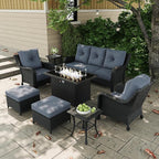 7-Pieces Outdoor Patio Furniture Sets with Single Chairs with 6-inch Thick Cushion and Fire Pit Table for Deck Lawn