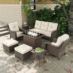 7-Pieces Outdoor Patio Furniture Sets with Single Chairs with 6-inch Thick Cushion and Fire Pit Table for Deck Lawn