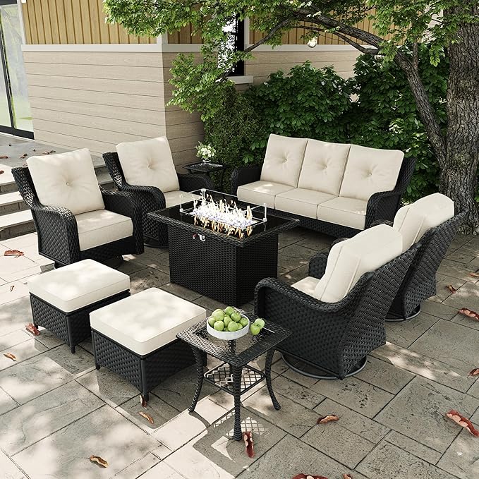 10-Pieces Outdoor Patio Furniture Sets with Rocking Swivel Chairs with 6-inch Thick Cushion and Fire Pit Table for Deck Lawn