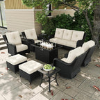 10-Pieces Outdoor Patio Furniture Sets with Rocking Swivel Chairs with 6-inch Thick Cushion and Fire Pit Table for Deck Lawn