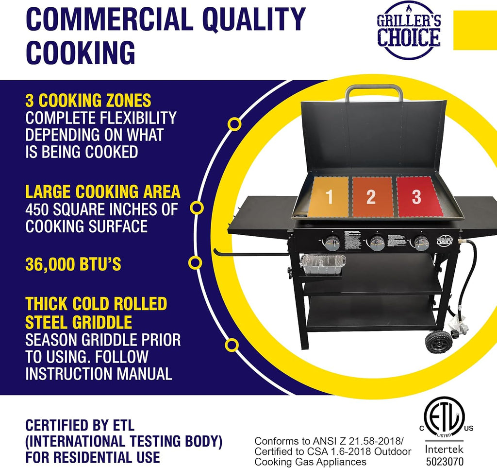 Griller'S Choice Gas Griddle with Hinged Hood & Wind Guards, 4 Shelves, Propane Griddle for Flat Grills Outdoor Cooking, Front Grease Management, Steel Flattop Grills Surface, Precision Heat Control