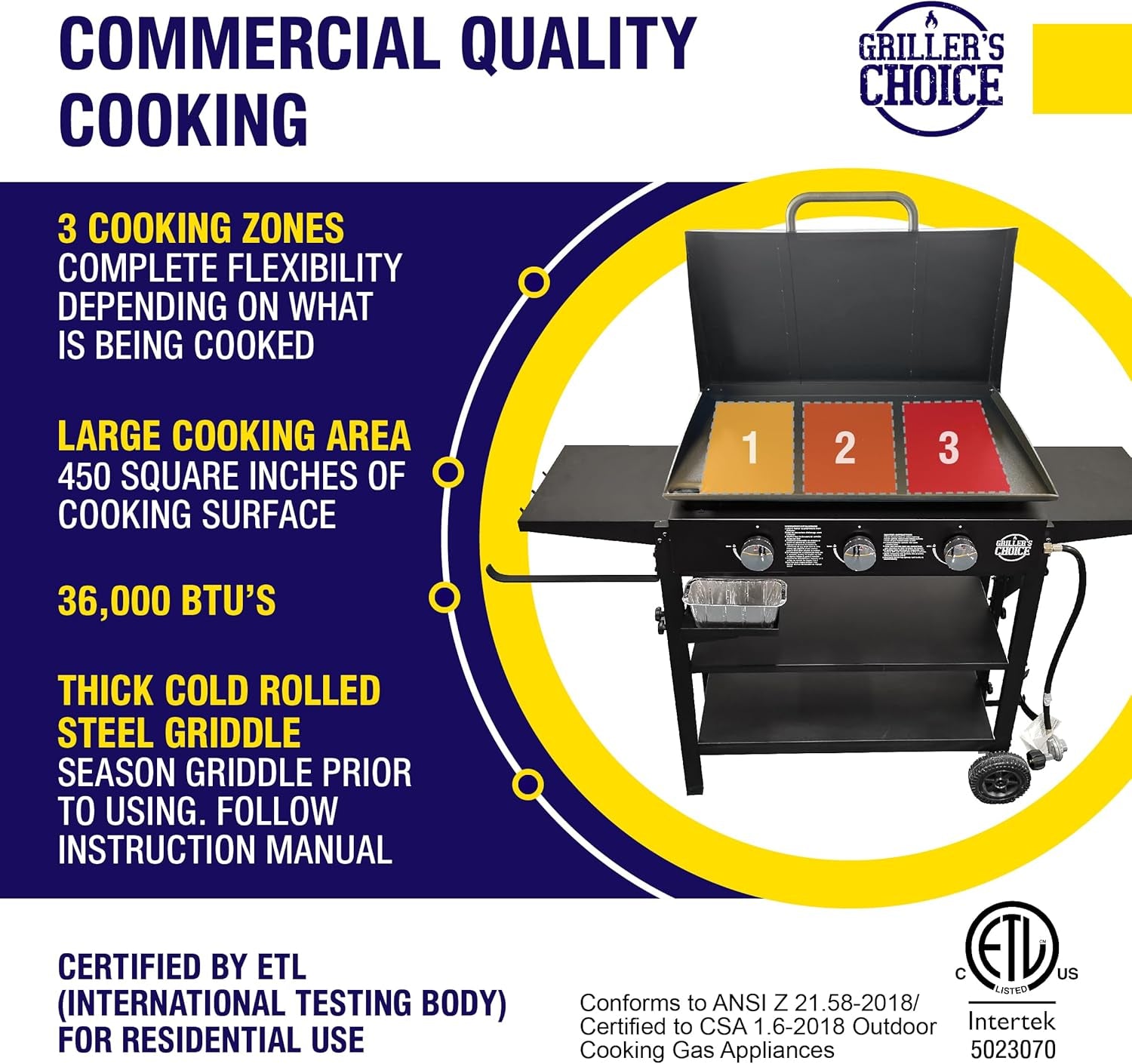 Griller'S Choice Gas Griddle with Hinged Hood & Wind Guards, 4 Shelves, Propane Griddle for Flat Grills Outdoor Cooking, Front Grease Management, Steel Flattop Grills Surface, Precision Heat Control