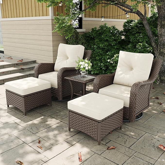 5-Pieces Outdoor Patio Furniture Sets with Rocking Swivel Chairs with 6-inch Thick Cushion and Side Table for Deck Lawn