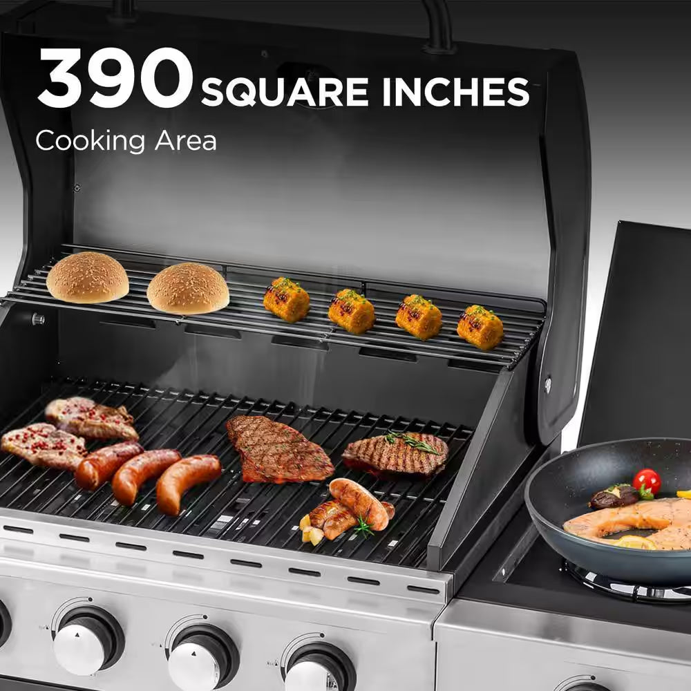 Outdoor BBQ 4-Burner Propane Grill in Silver and Black, Stainless Steel Gas Grill with Side Burner and Thermometer