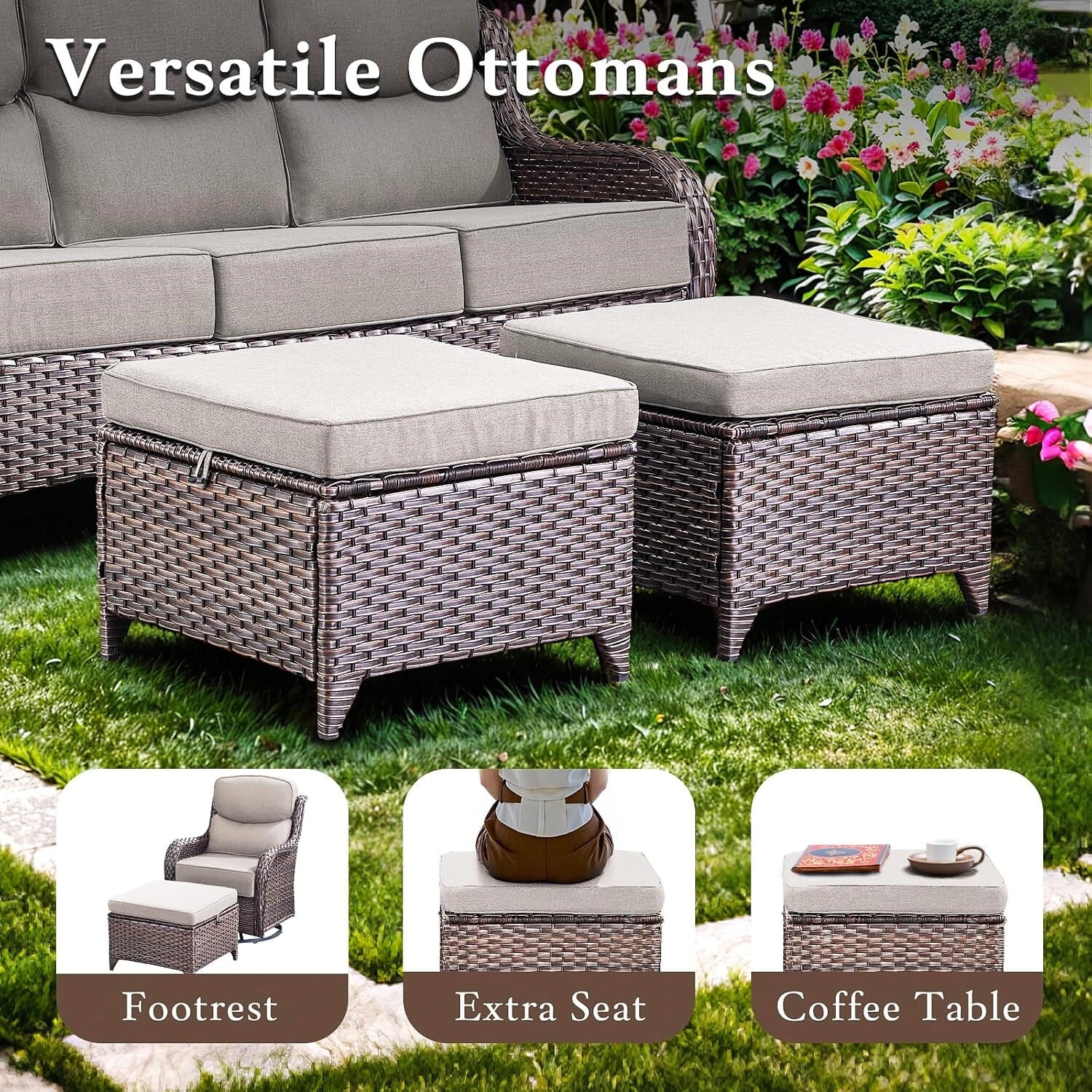 9 Pieces Patio Furniture Sets with Fire Pit Table,Swivel Chairs with 6" Thick Cushion,Sofa and Ottomans,Patio Conversation Sets for Porch Deck Garden Backyard