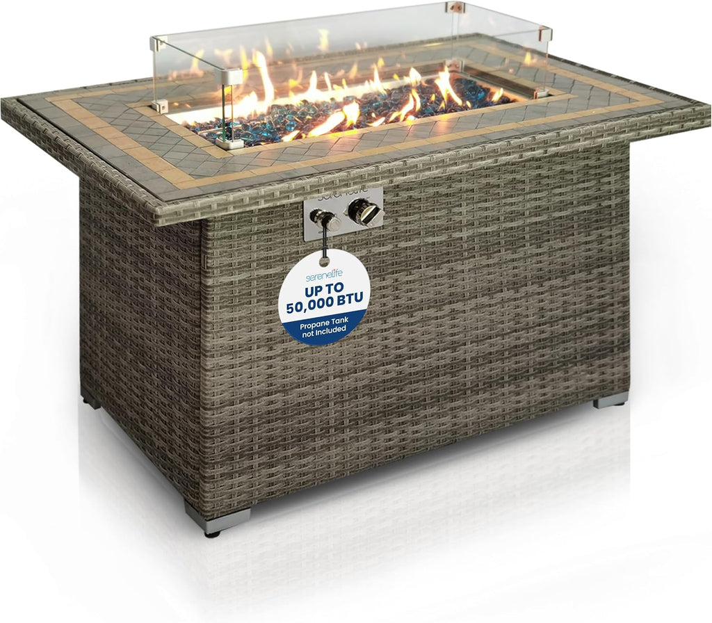 Sturdy Wicker Base Propane Fire Pit Table with Tile Top, Patio Heater & Propane Heater, Sliding Door, Stainless Steel Burner, Tempered Glass Wind Guard, 50000 BTU, Weather Resistant