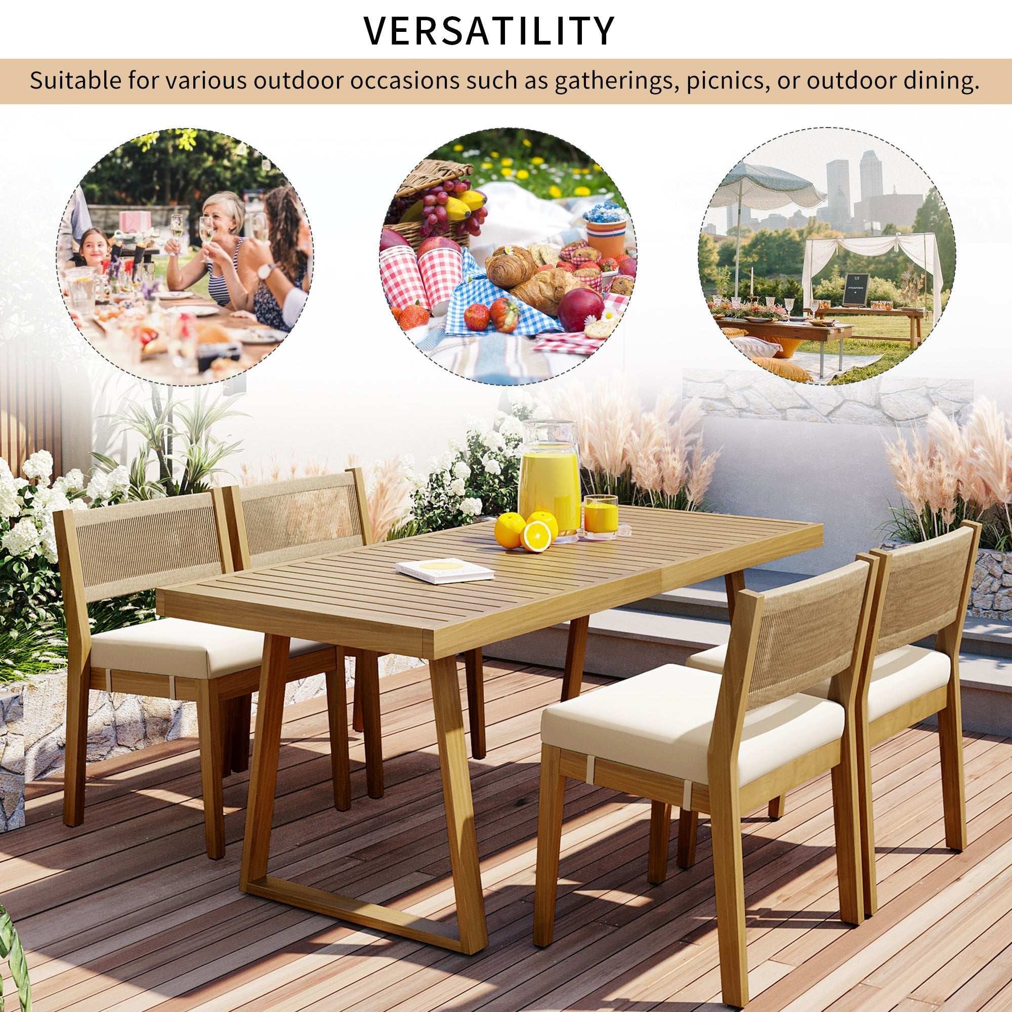 Multi-Person Outdoor Acacia Wood Dining Table and Chair Set