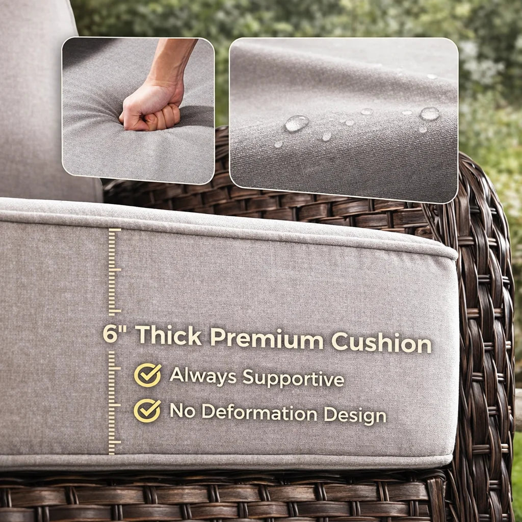 6 Pieces Luxury Outdoor Patio Furniture Sets Outdoor Conversation Sets with Swivel Rocker Patio Chairs with 6" Thick Cushion,Sofa and Glass Coffee Table for Porch Deck Backyard Poolside