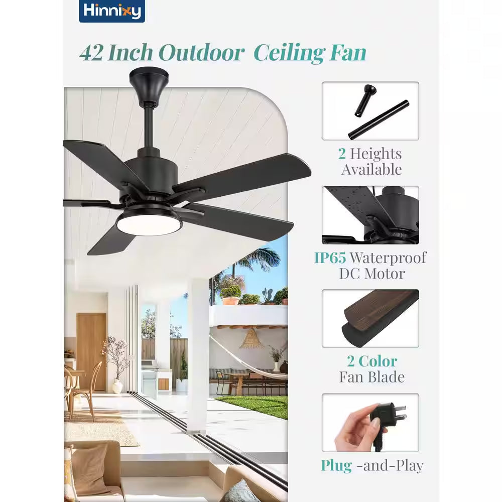 42 In. Outdoor Black IP65 Waterproof Plug in 6-Speed Downrod Mount Standard Ceiling Fan with Lights,Hook,Remote Control