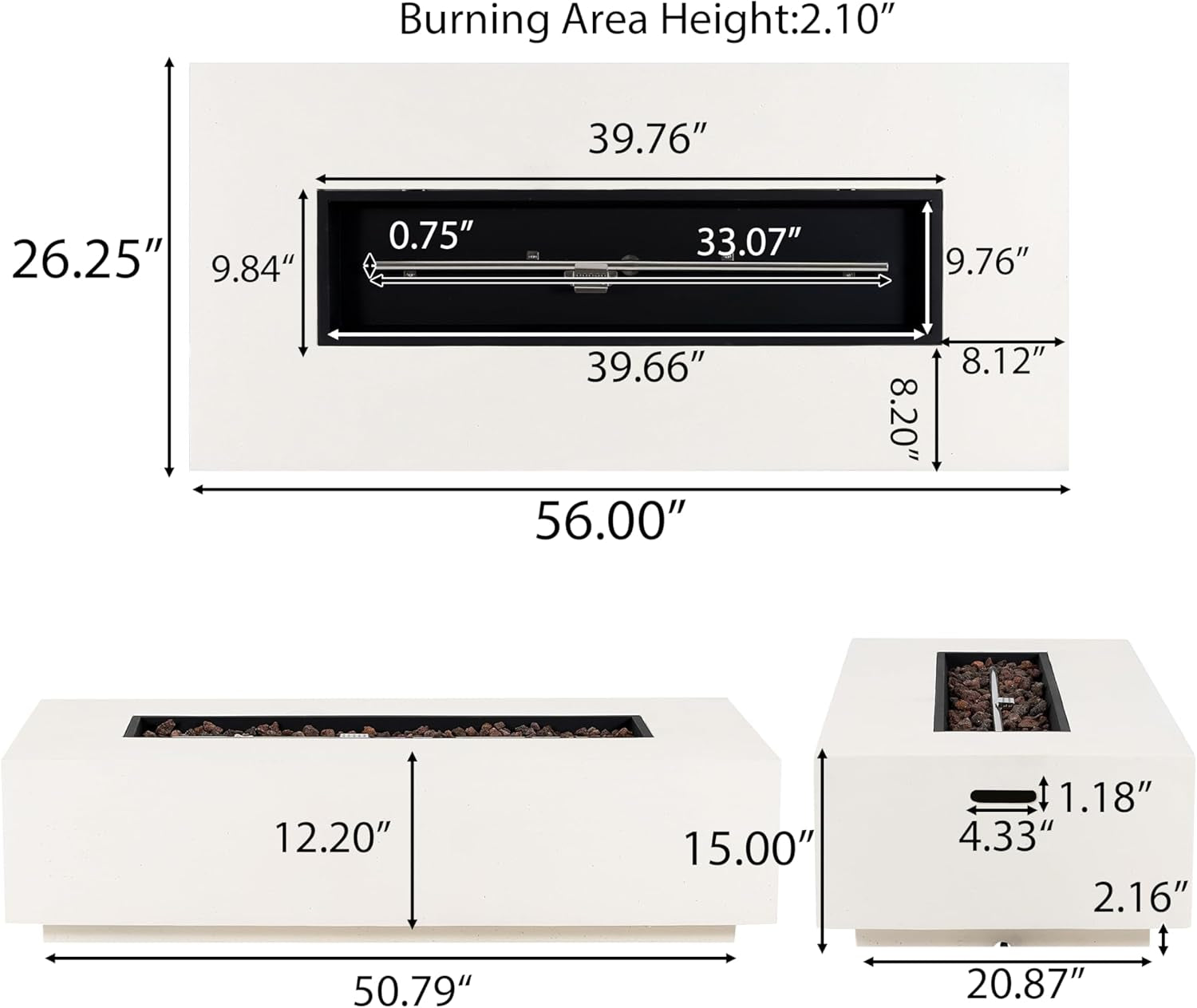 Aidan Lightweight Concrete Outdoor Propane Fire Pit Table, 50,000 BTU Rectangular Fire Table for Patio Furniture Set (No Tank Holder), Fully Assembled Patio Fire Pit, White