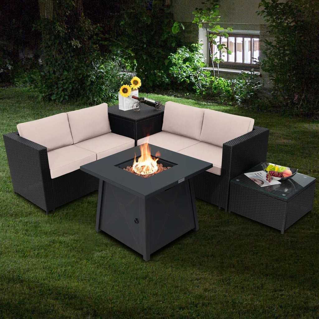 5-Piece Outdoor Patio Furniture Set with 50,000 BTU Propane Fire Pit Table Patio PE Wicker Conversation Set with Cushions Storage Box and Tempered Glass Coffee Table Beige