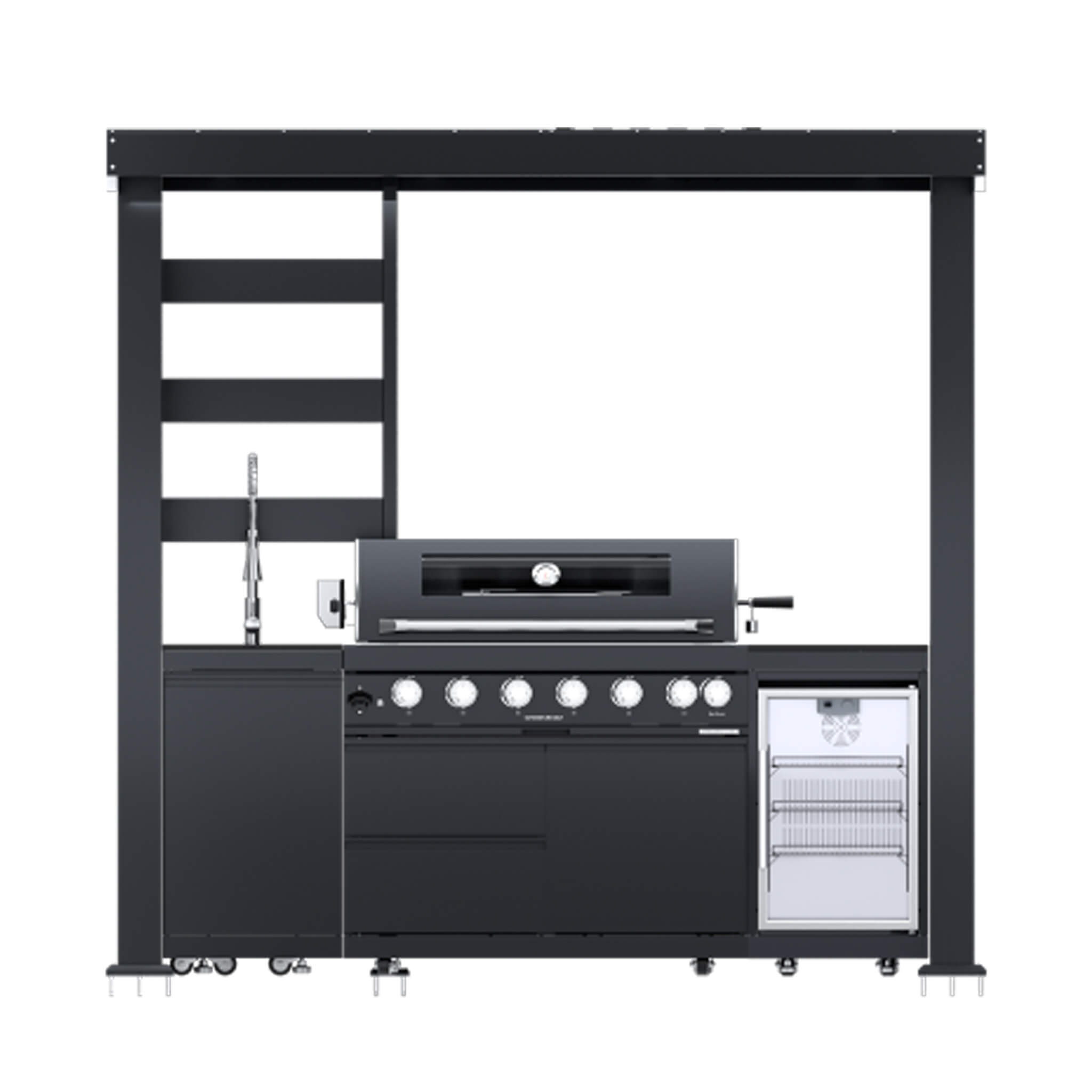 Castelle Flame Astoria 94-Inch 6-Burner 85K BTU Outdoor Kitchen Grill Island With Wine Cooler, Rotisserie, Cabinets, And Granite Countertops