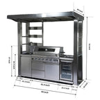 Castelle Flame Astoria 94-Inch 6-Burner 85K BTU Outdoor Kitchen Grill Island With Wine Cooler, Rotisserie, Cabinets, And Granite Countertops