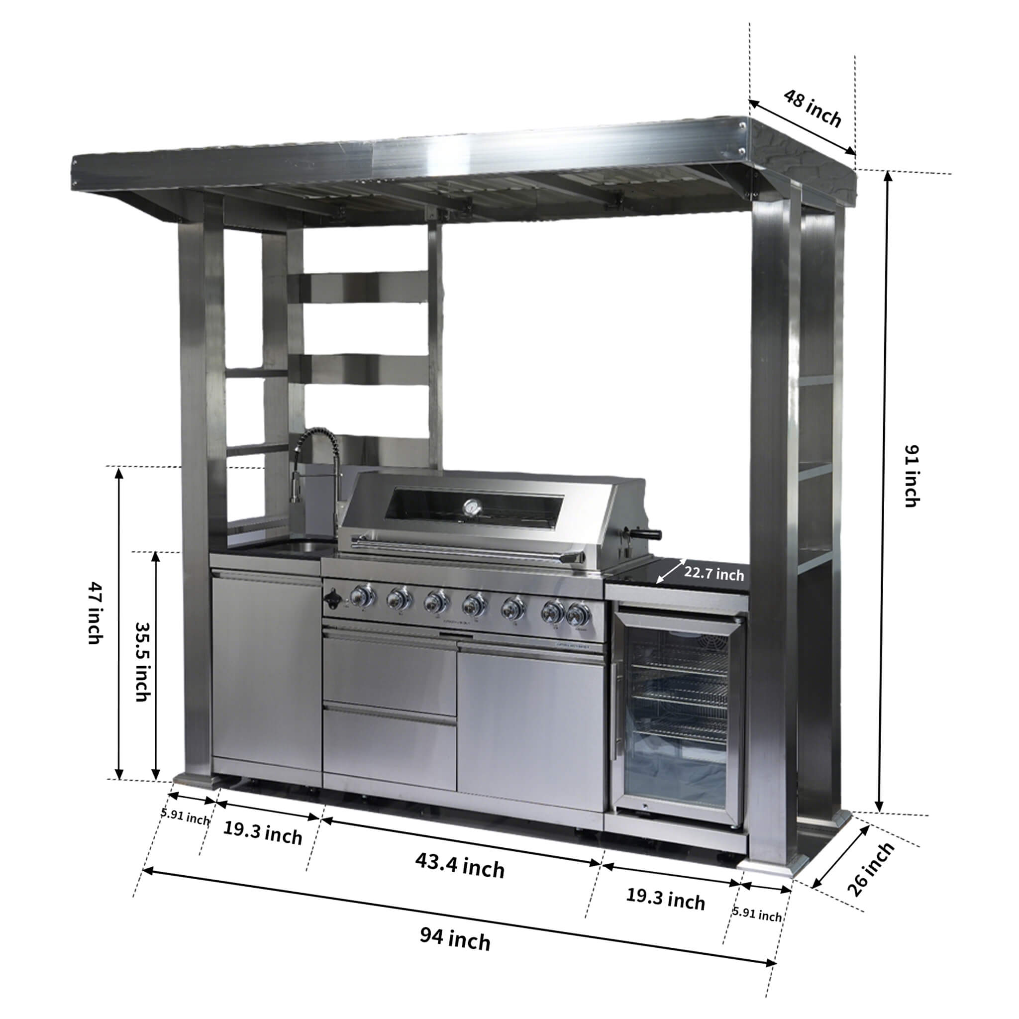 Castelle Flame Astoria 94-Inch 6-Burner 85K BTU Outdoor Kitchen Grill Island With Wine Cooler, Rotisserie, Cabinets, And Granite Countertops