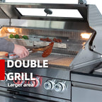 Castelle Flame Astoria 94-Inch 6-Burner 85K BTU Outdoor Kitchen Grill Island With Wine Cooler, Rotisserie, Cabinets, And Granite Countertops