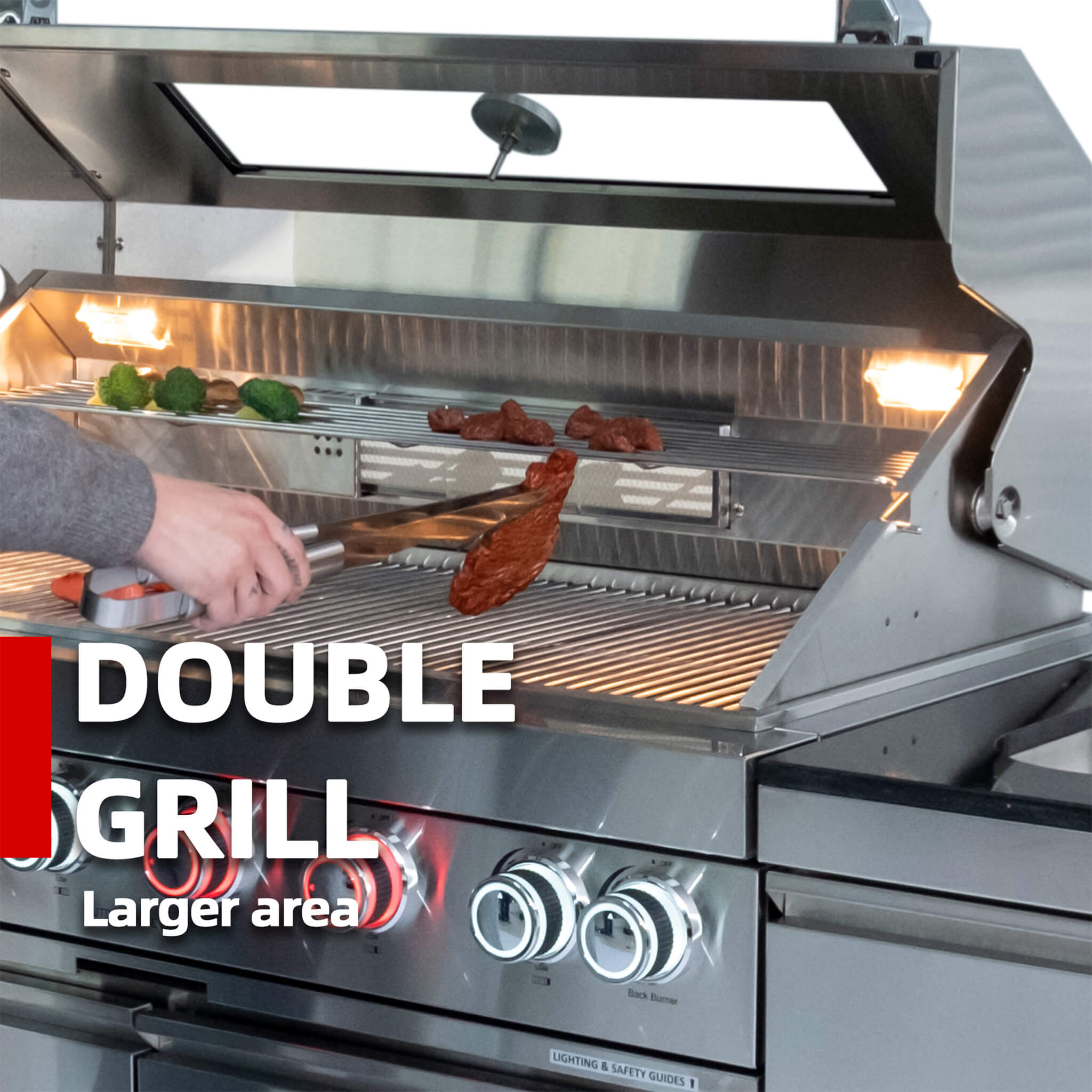 Castelle Flame Astoria 94-Inch 6-Burner 85K BTU Outdoor Kitchen Grill Island With Wine Cooler, Rotisserie, Cabinets, And Granite Countertops